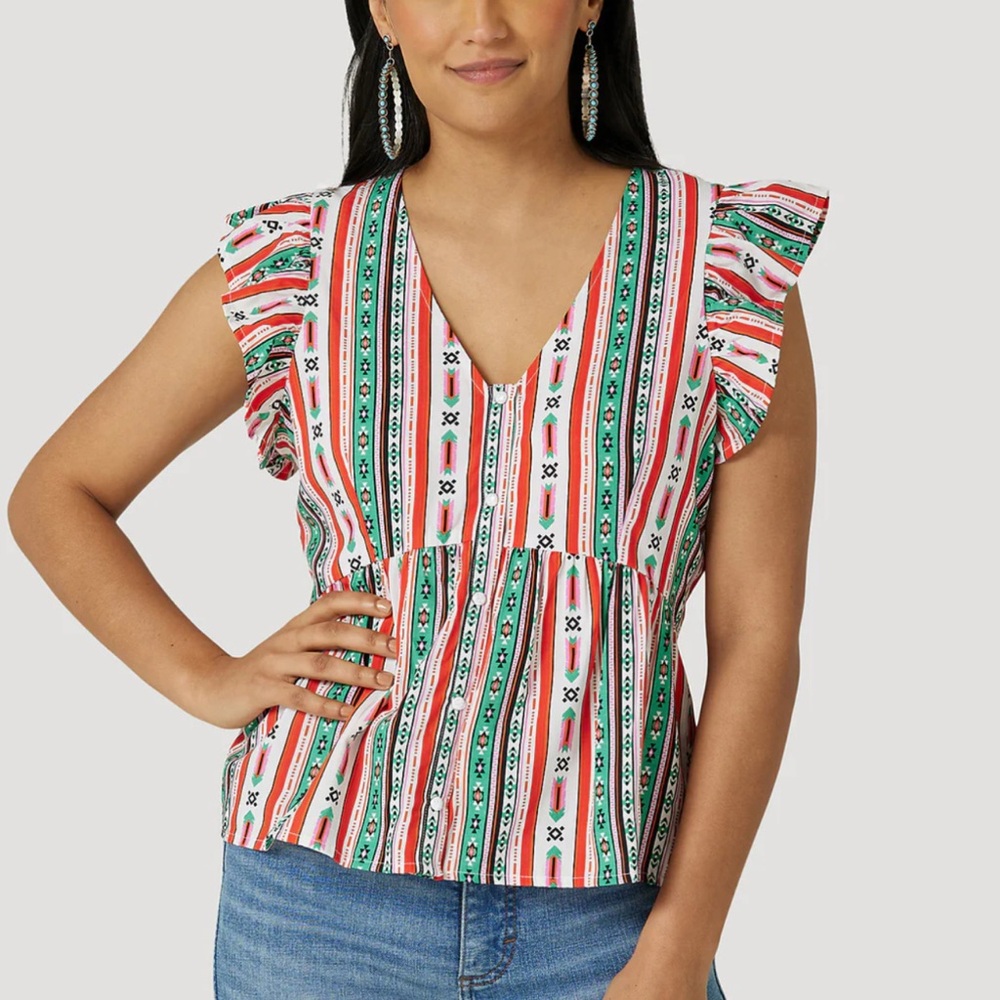 Women's Wrangler Retro Southwestern Peplum Blouse in White Multi size large